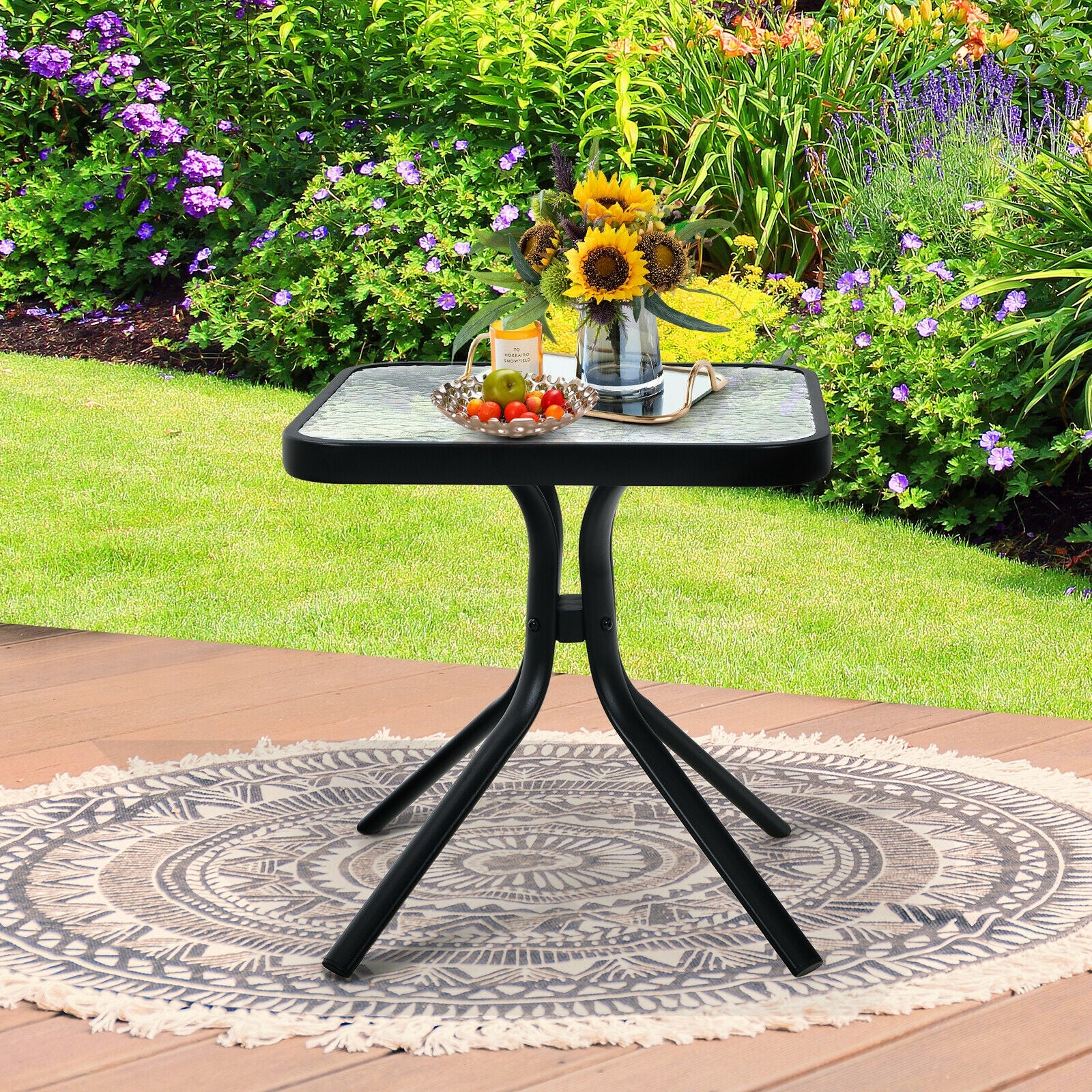 18 Inch Patio Coffee Side Table with Tempered Glass