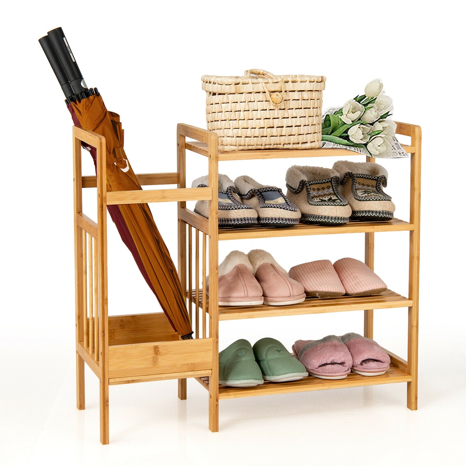 4-Tier Bamboo Shoe Rack Organiser with Umbrella Holder-Natural 