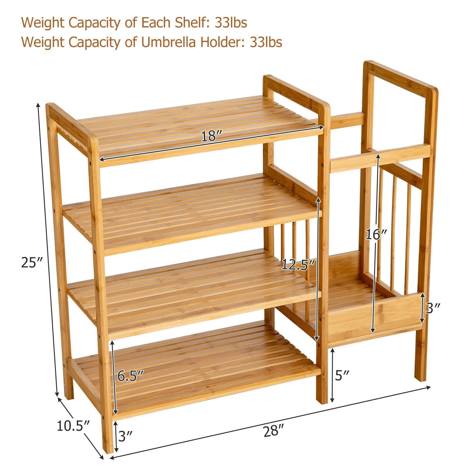 4-Tier Bamboo Shoe Rack Organiser with Umbrella Holder-Natural 