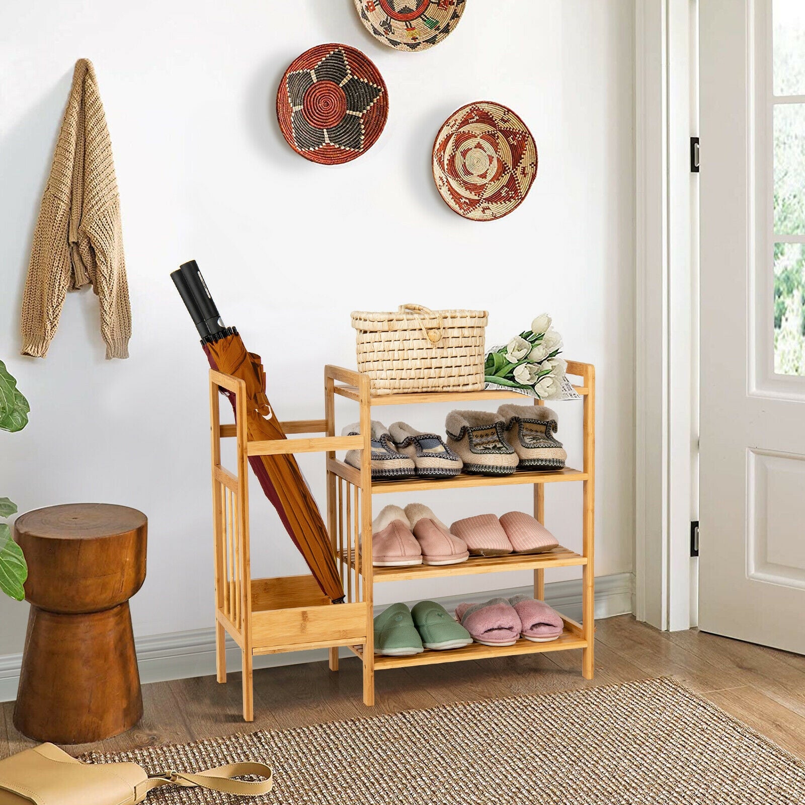 4-Tier Bamboo Shoe Rack Organiser with Umbrella Holder-Natural 