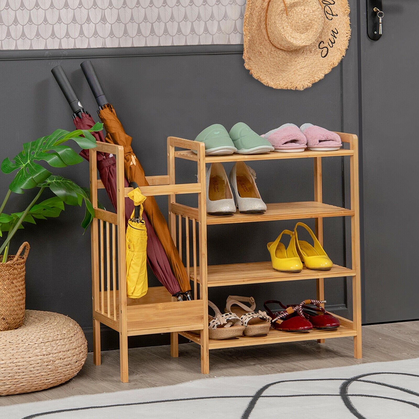 4-Tier Bamboo Shoe Rack Organiser with Umbrella Holder-Natural 