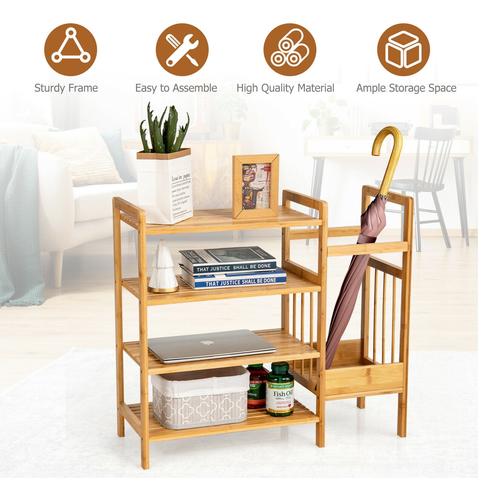 4-Tier Bamboo Shoe Rack Organiser with Umbrella Holder-Natural