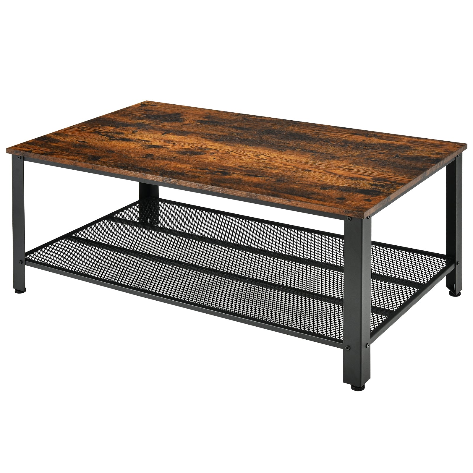 Metal Frame Wood Coffee Table Console Table with Storage Shelf-Rustic Brown