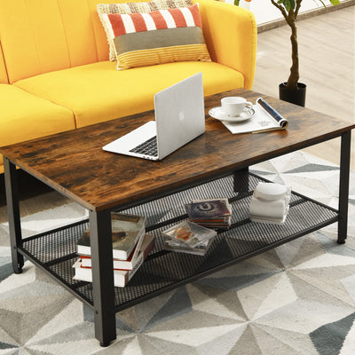 Metal Frame Wood Coffee Table Console Table with Storage Shelf-Rustic Brown 