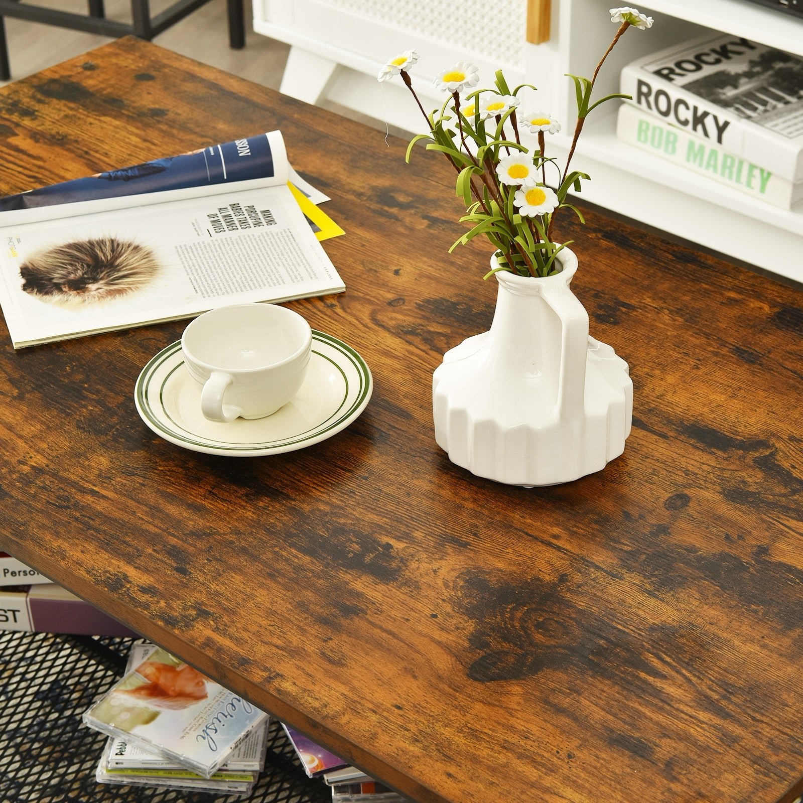 Metal Frame Wood Coffee Table Console Table with Storage Shelf-Rustic Brown