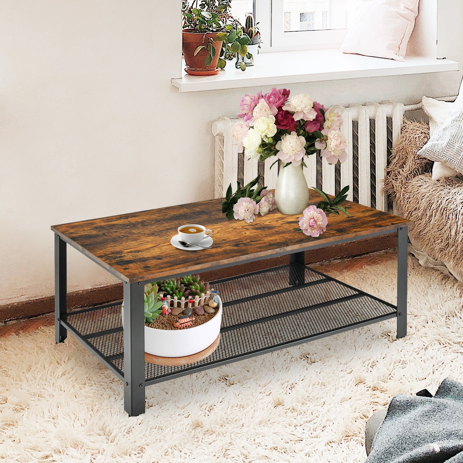 Metal Frame Wood Coffee Table Console Table with Storage Shelf-Rustic Brown