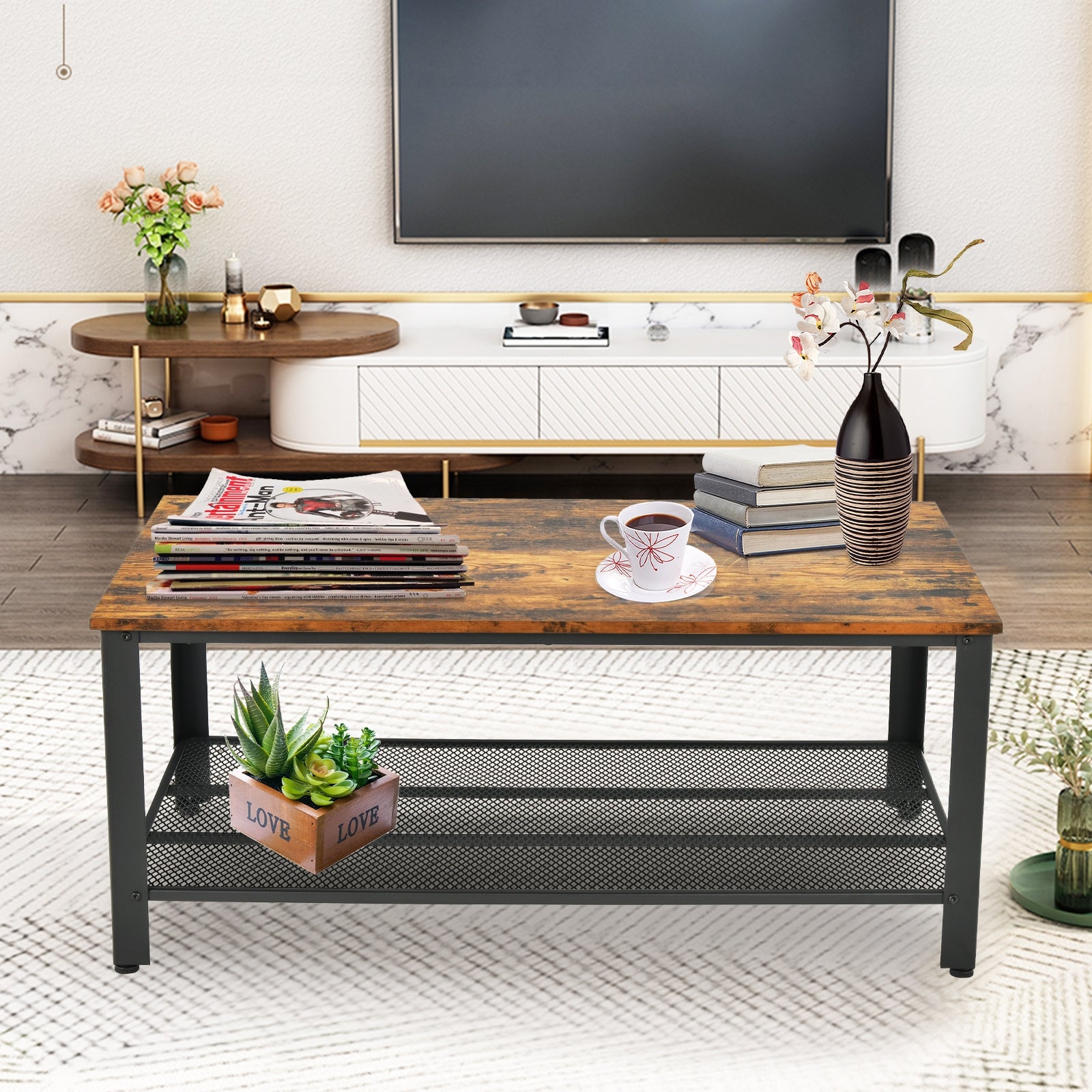 Metal Frame Wood Coffee Table Console Table with Storage Shelf-Rustic Brown