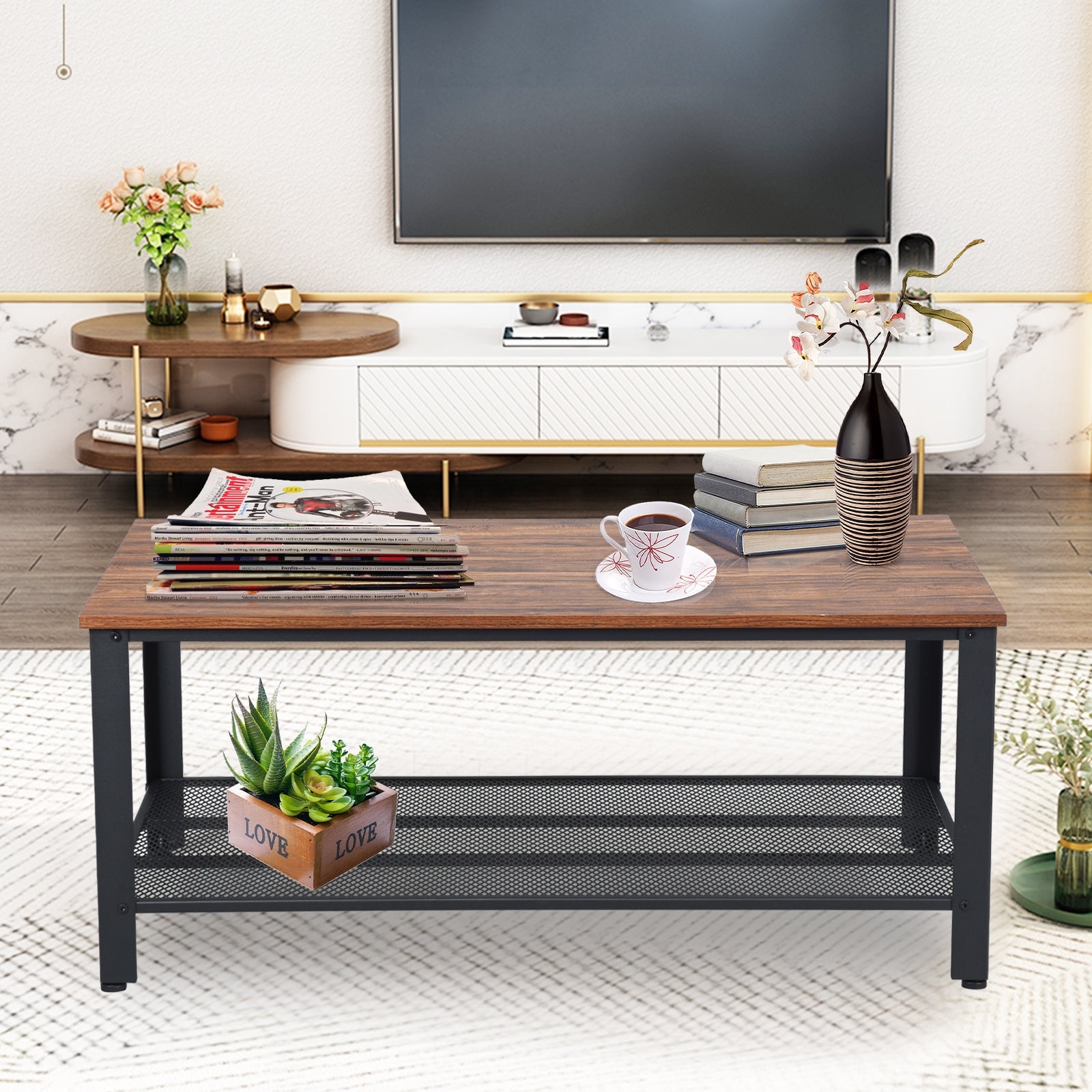 Metal Frame Wood Coffee Table Console Table with Storage Shelf-Brown