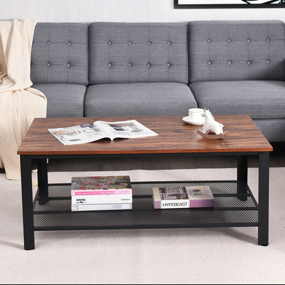 Metal Frame Wood Coffee Table Console Table with Storage Shelf-Brown 