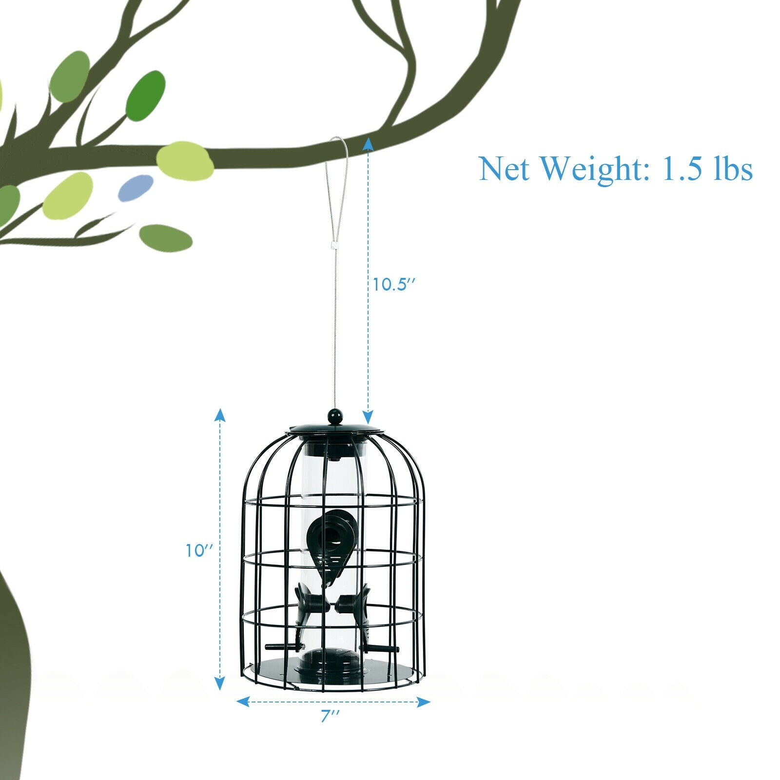 Squirrel-proof Caged Tube Wild Bird Feeder Outdoor Metal Seed Guard Deterrent