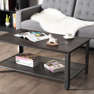 Metal Frame Wood Coffee Table Console Table with Storage Shelf-Black 