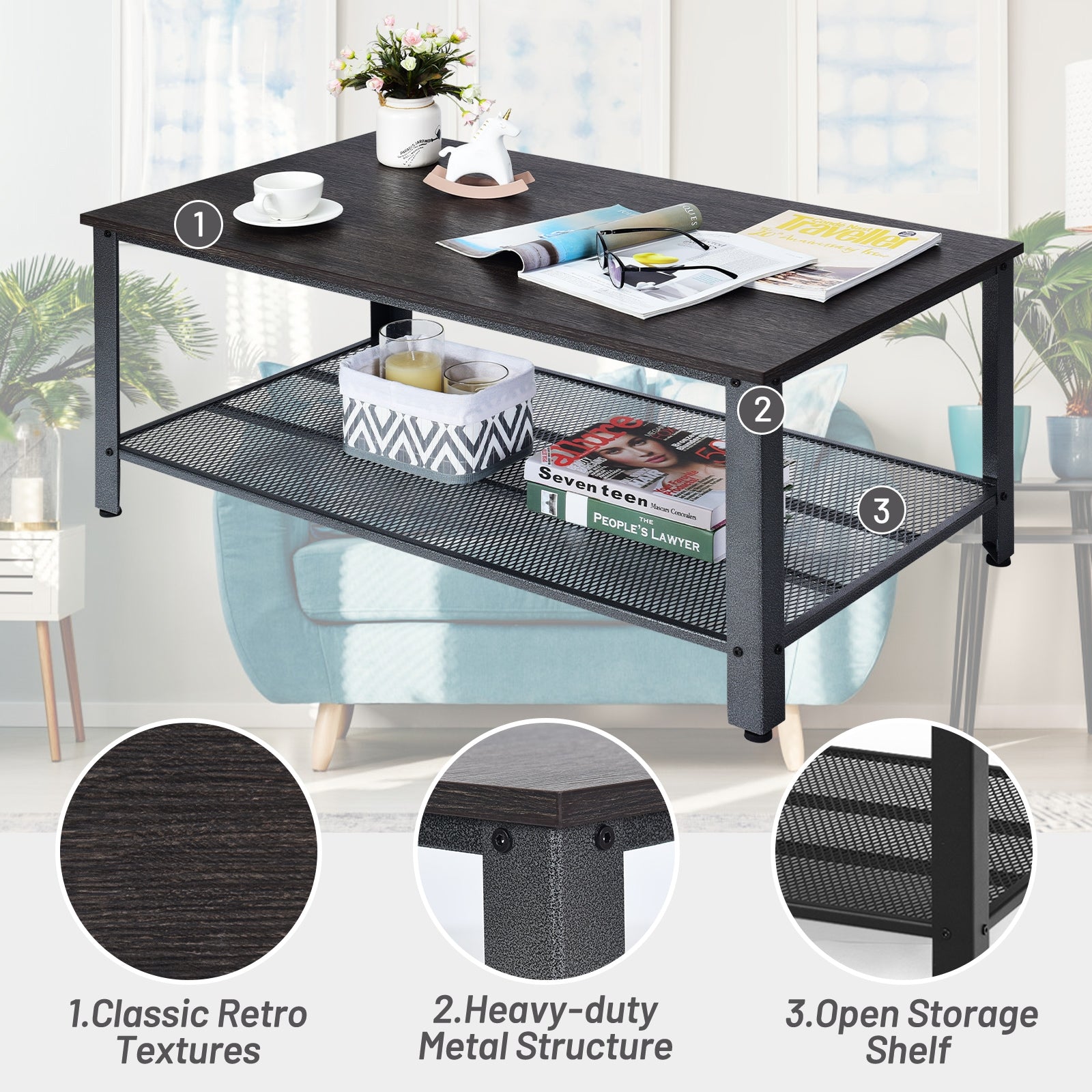 Metal Frame Wood Coffee Table Console Table with Storage Shelf-Black