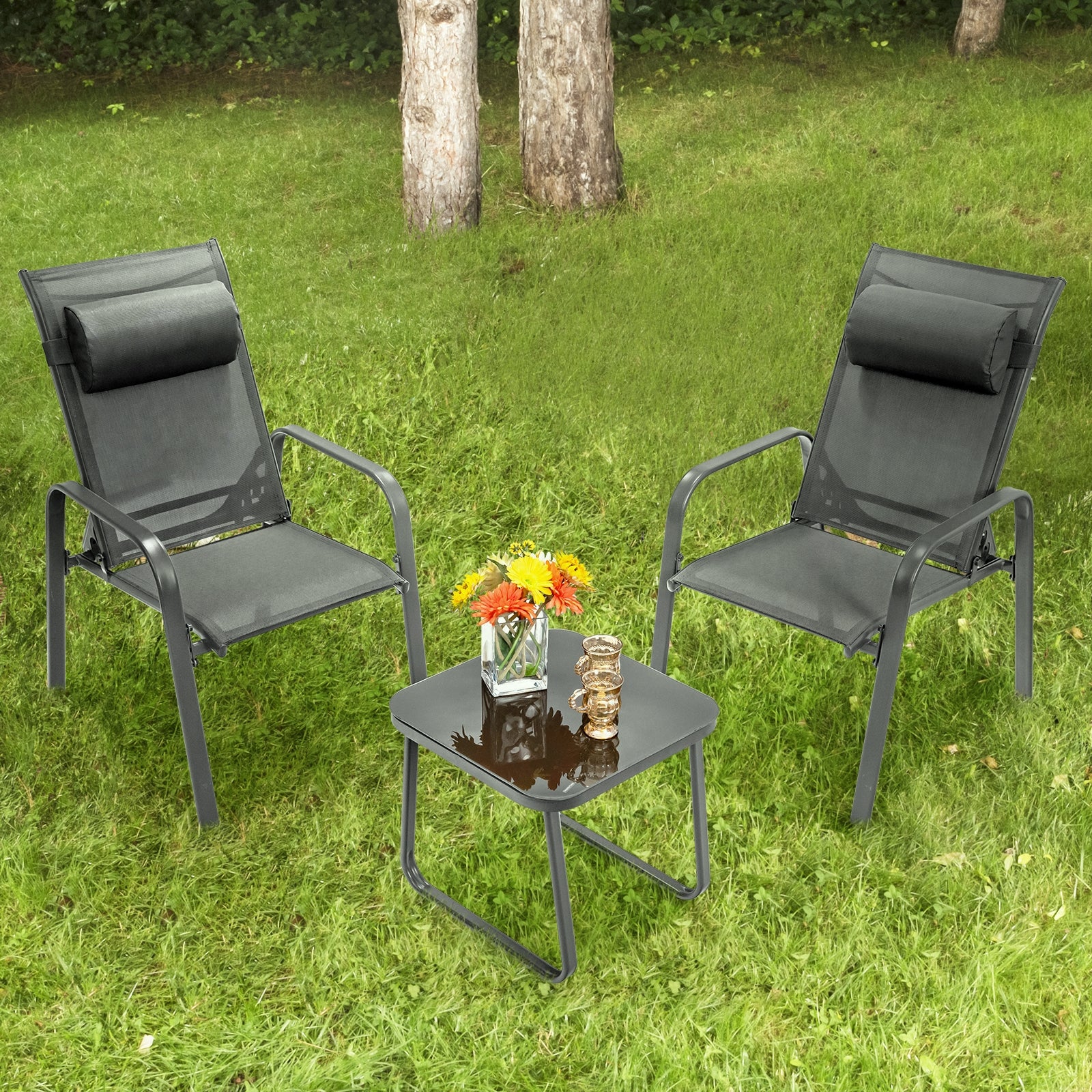 3 Pieces Patio Bistro Furniture Set with Adjustable Backrest-Gray 