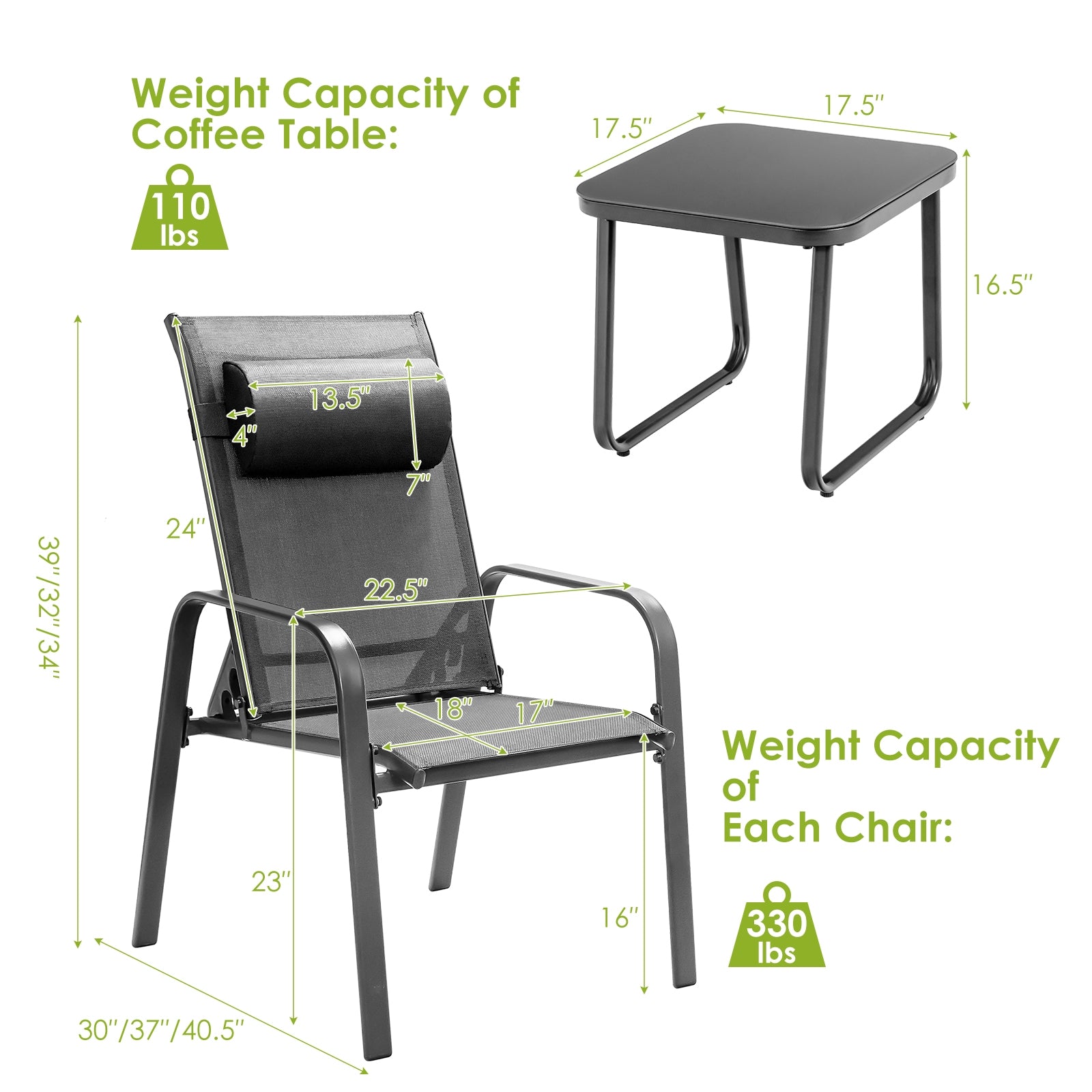 3 Pieces Patio Bistro Furniture Set with Adjustable Backrest-Gray