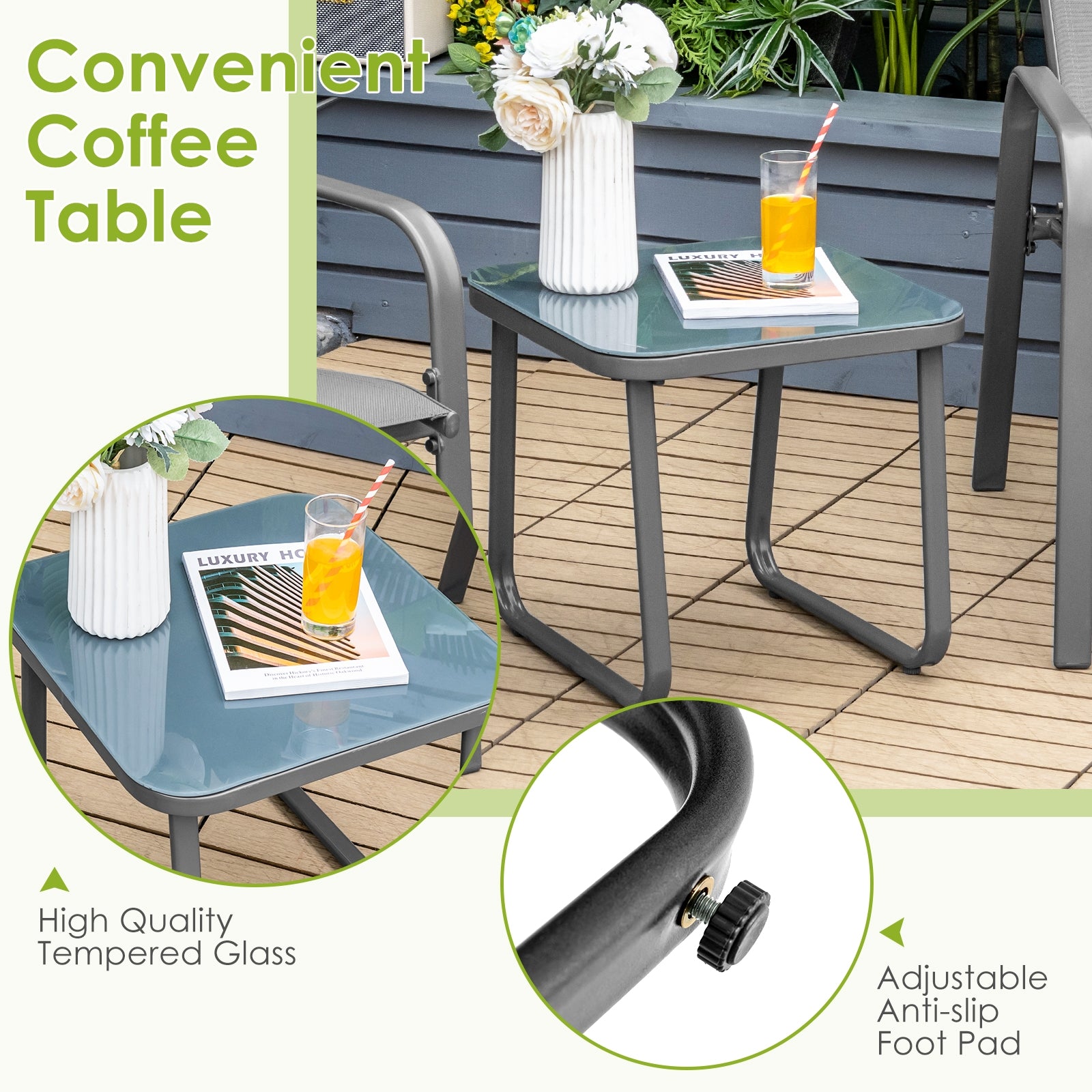 3 Pieces Patio Bistro Furniture Set with Adjustable Backrest-Gray