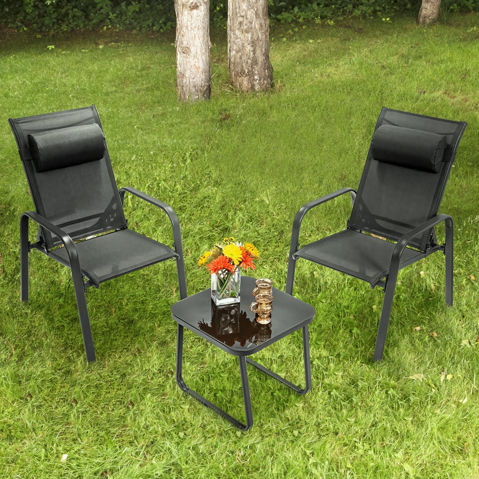 3 Pieces Patio Bistro Furniture Set with Adjustable Backrest-Black 