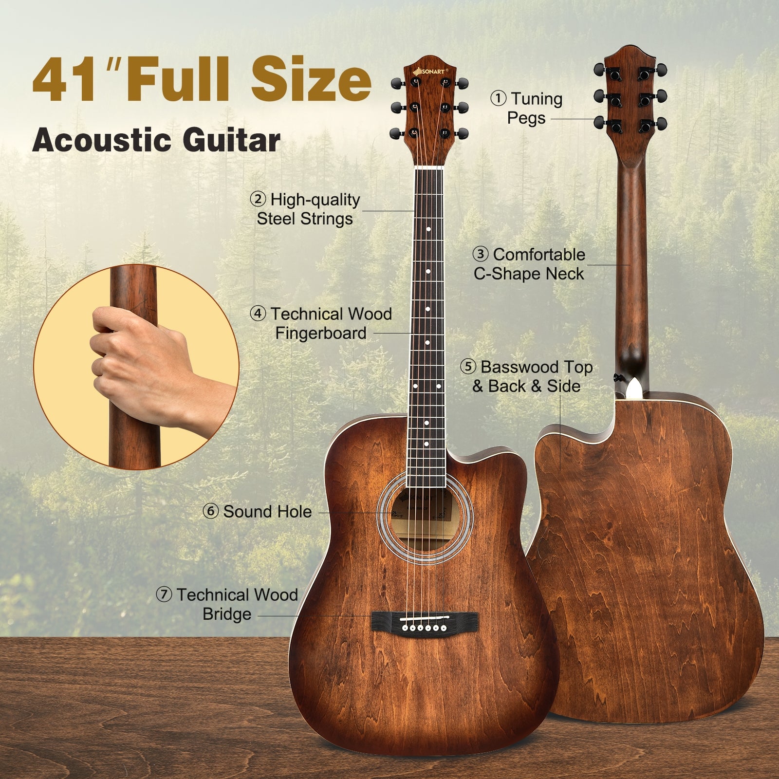 41 Inch Full Size Cutaway Acoustic Guitar Set for Beginner-Coffee 