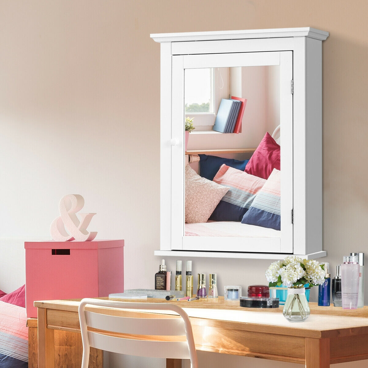 Bathroom Mirror Cabinet Wall Mounted Adjustable Shelf Medicine Storage-White 