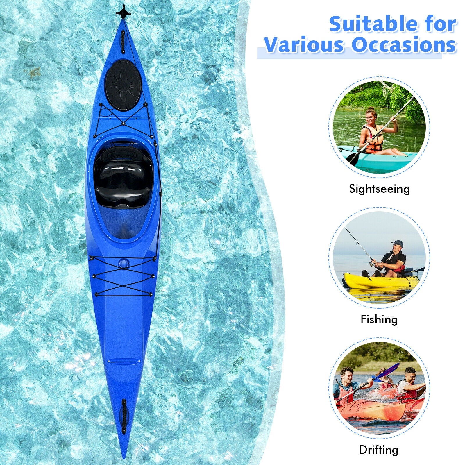 Single Sit-in Kayak Fishing Kayak Boat With Paddle and Detachable Rudder-Blue 