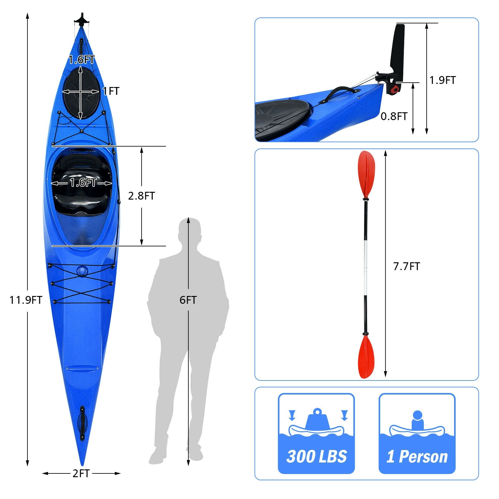 Single Sit-in Kayak Fishing Kayak Boat With Paddle and Detachable Rudder-Blue