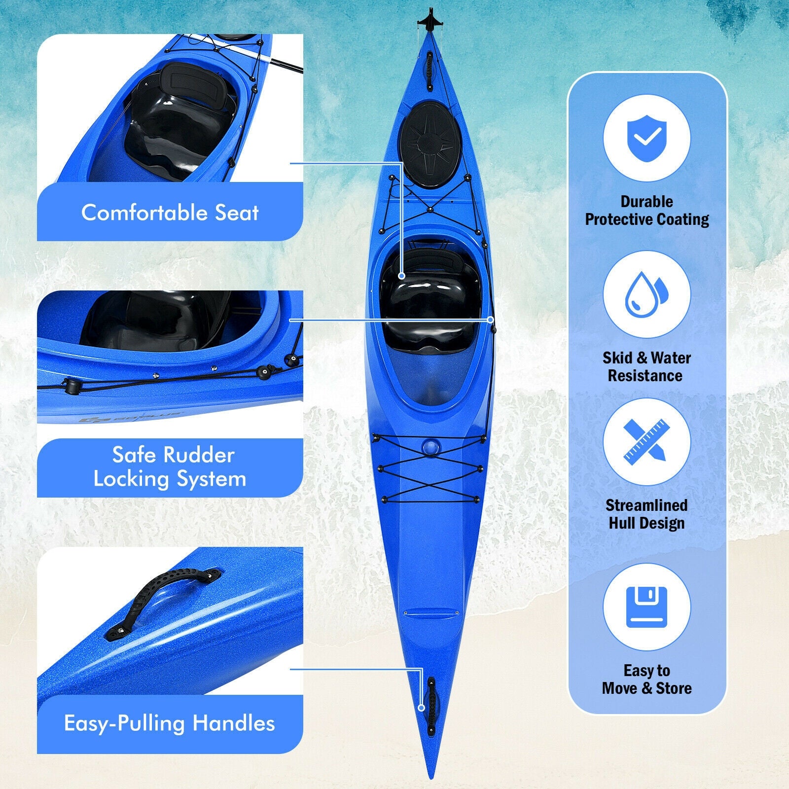 Single Sit-in Kayak Fishing Kayak Boat With Paddle and Detachable Rudder-Blue