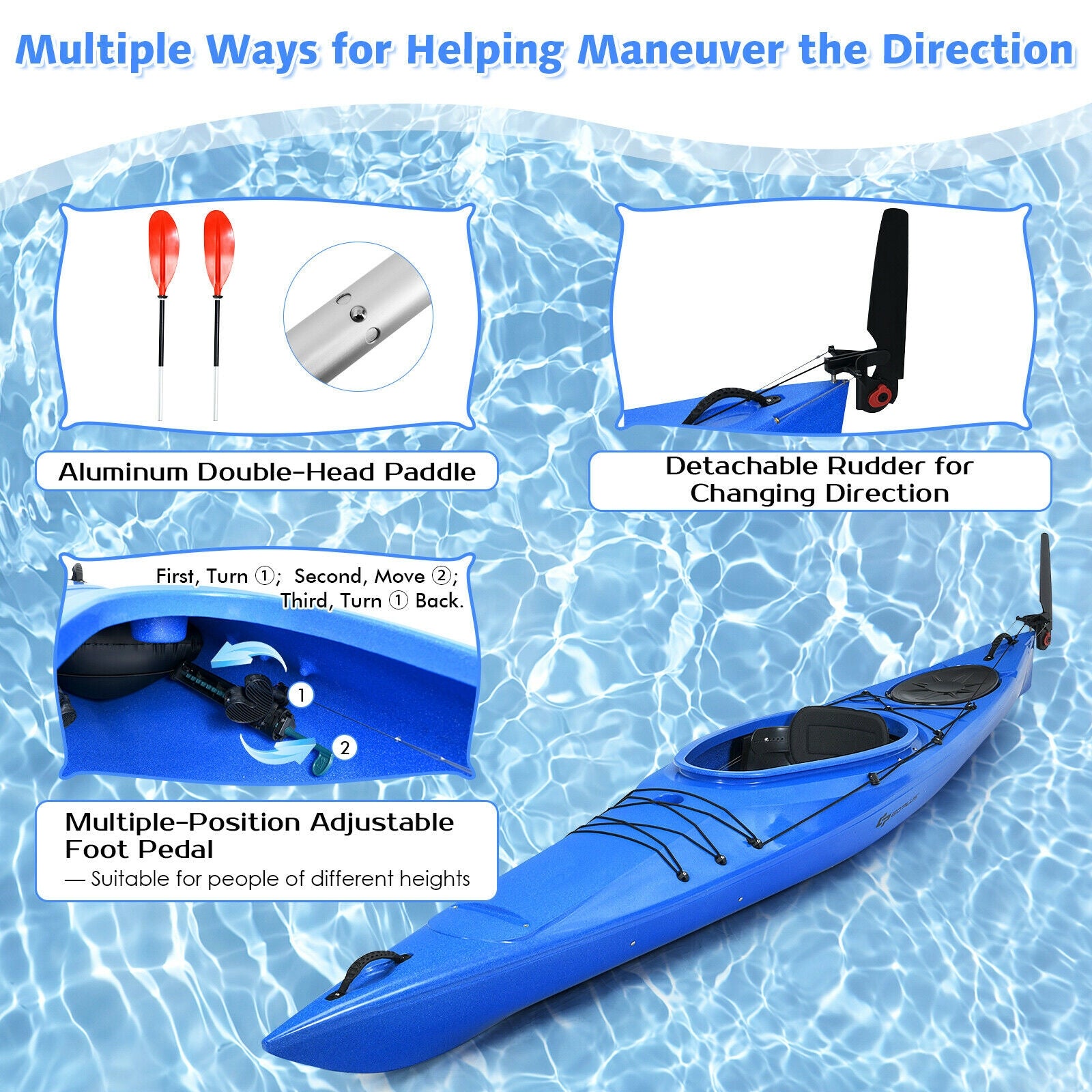 Single Sit-in Kayak Fishing Kayak Boat With Paddle and Detachable Rudder-Blue