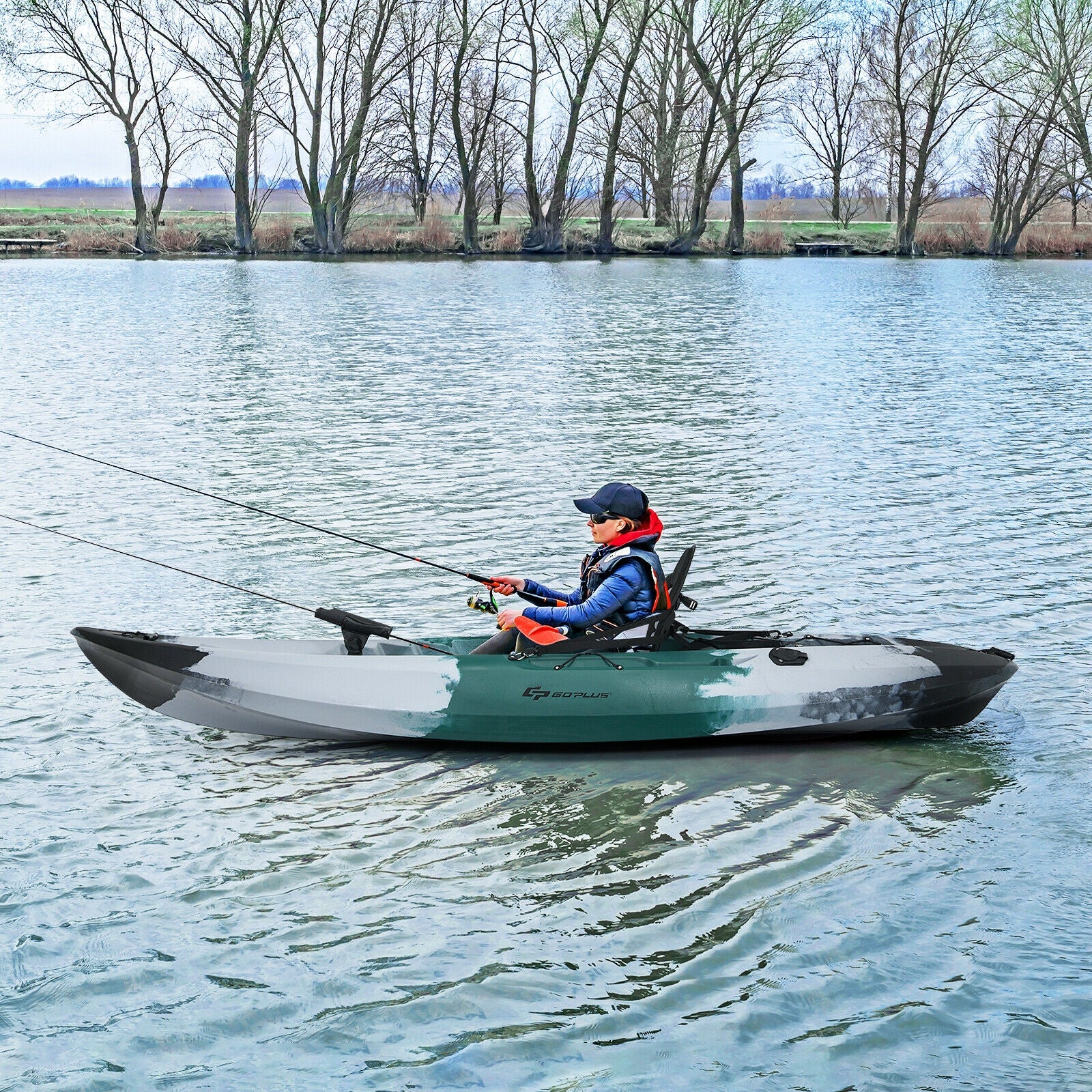 Sit-on-Top Fishing Kayak Boat With Fishing Rod Holders and Paddle-Gray 