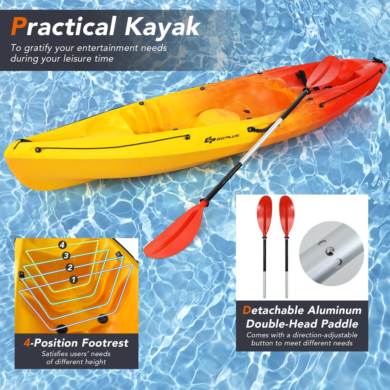 Single Sit-on-Top Kayak with Detachable Aluminum Paddle-Yellow