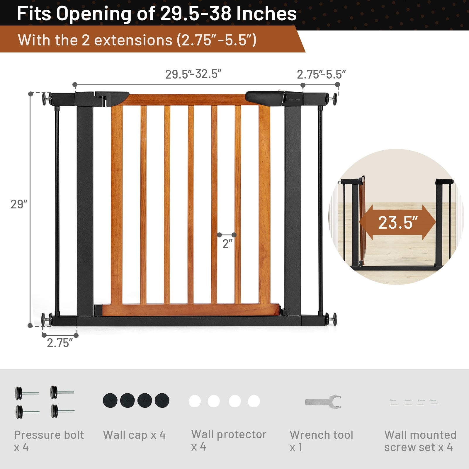 Extendable Safety Gate for Baby and Pet-Brown