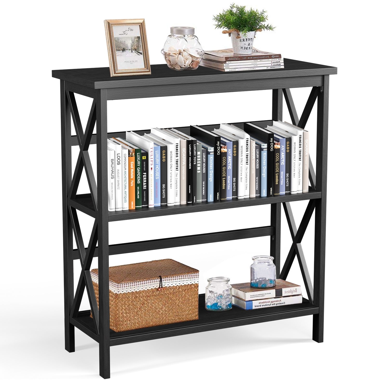 3-Tier Multi-Functional Storage Shelf Units Wooden Open Bookcase and Bookshelf-Black