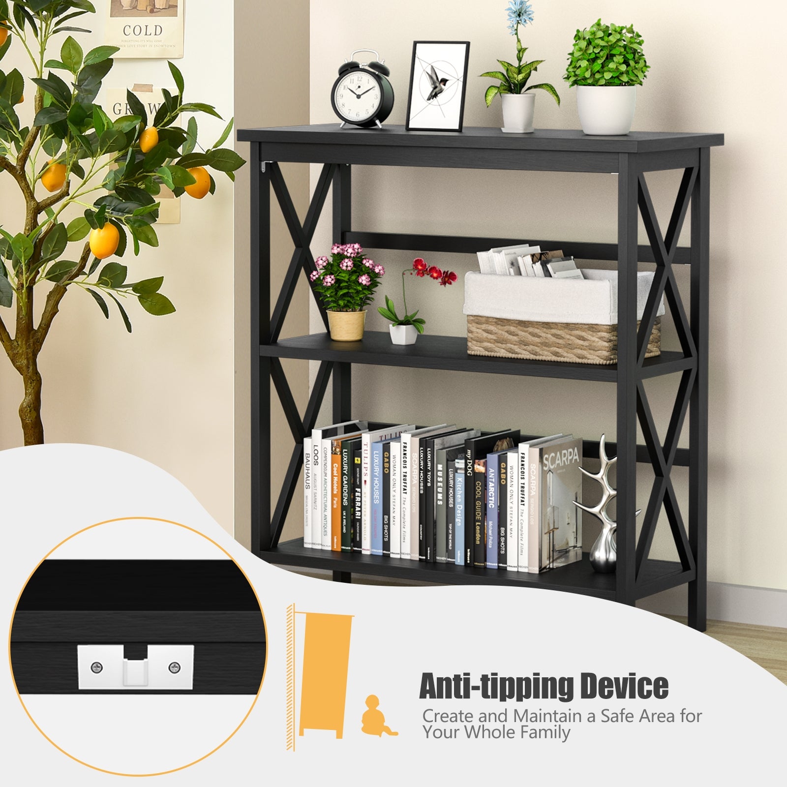 3-Tier Multi-Functional Storage Shelf Units Wooden Open Bookcase and Bookshelf-Black