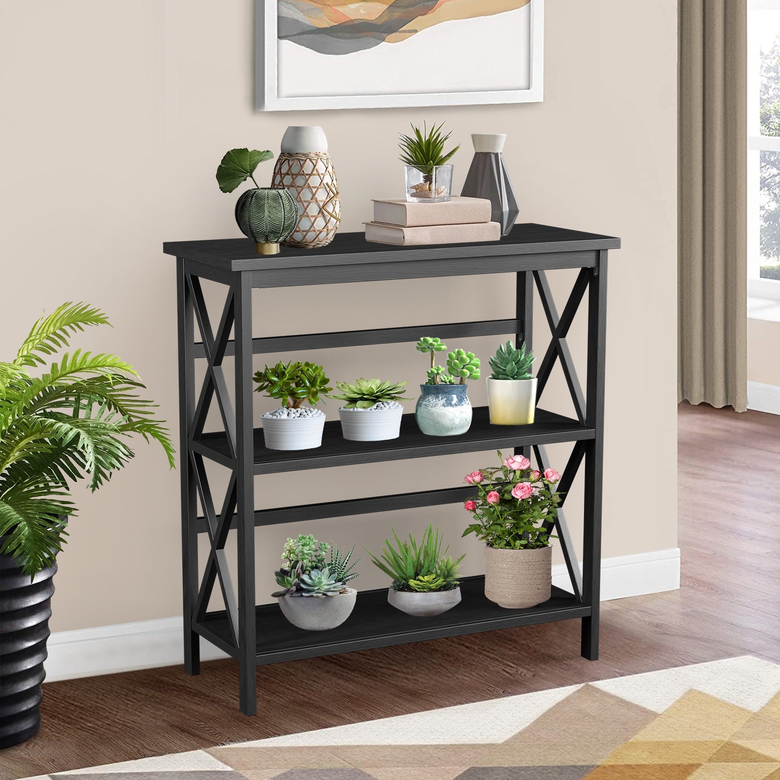 3-Tier Multi-Functional Storage Shelf Units Wooden Open Bookcase and Bookshelf-Black