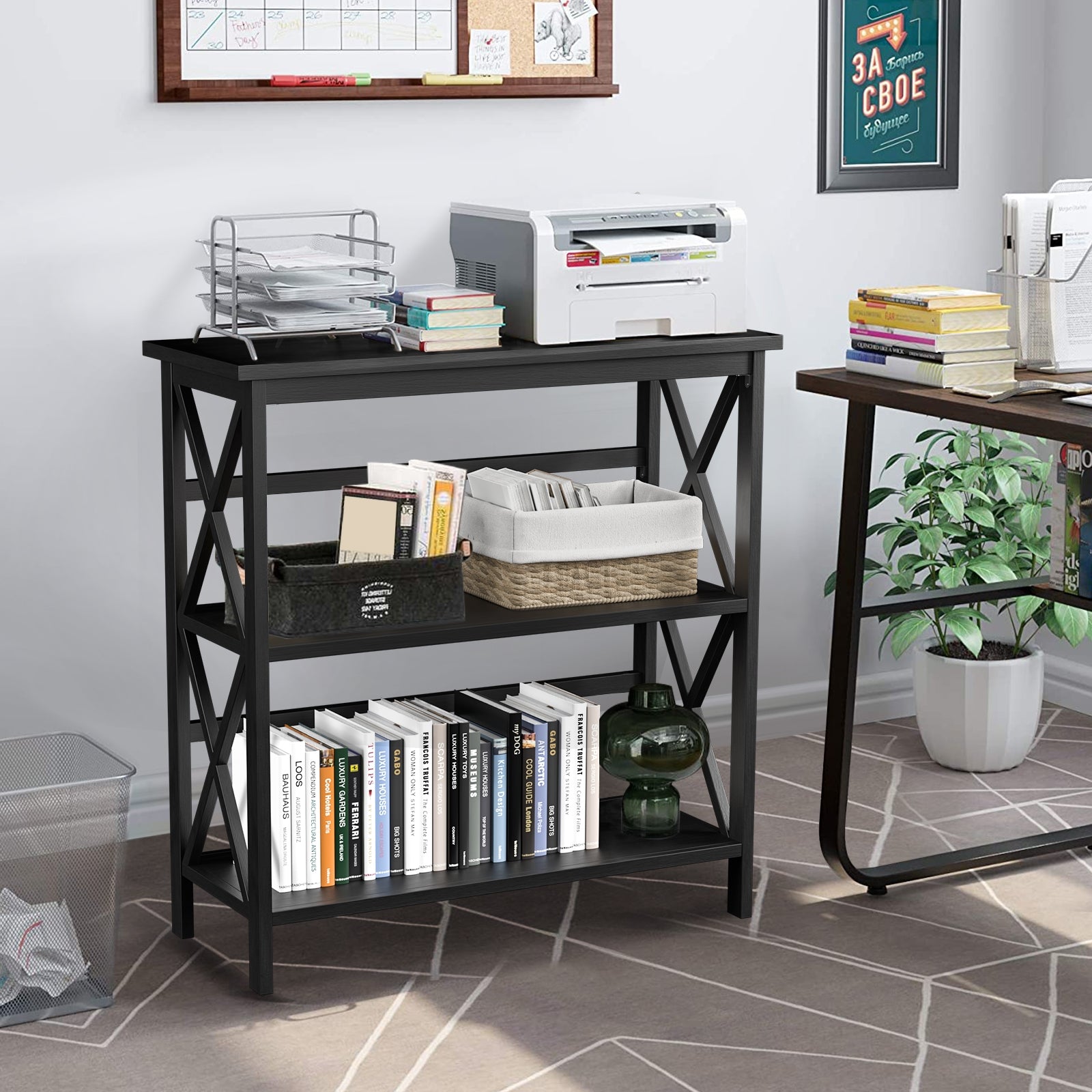 3-Tier Multi-Functional Storage Shelf Units Wooden Open Bookcase and Bookshelf-Black