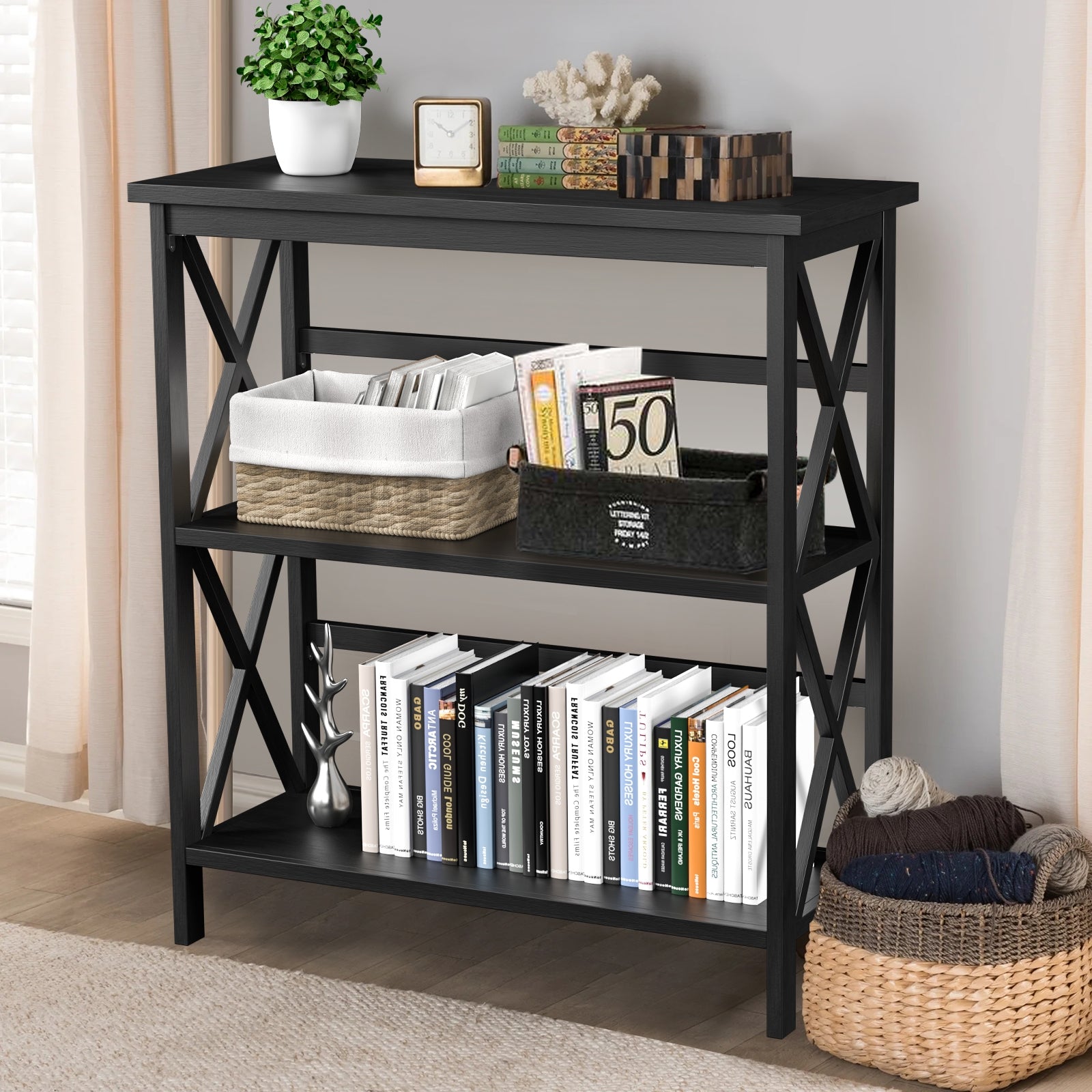 3-Tier Multi-Functional Storage Shelf Units Wooden Open Bookcase and Bookshelf-Black