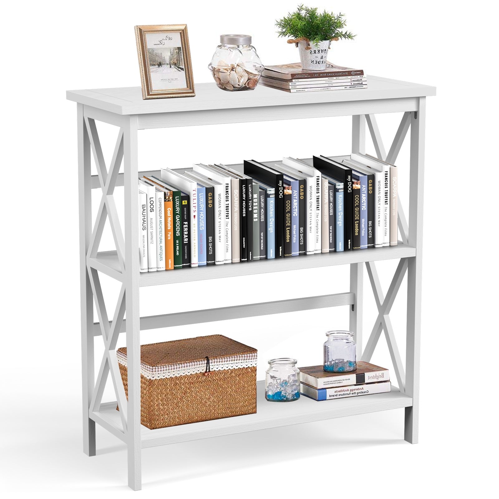 3-Tier Multi-Functional Storage Shelf Units Wooden Open Bookcase and Bookshelf-White