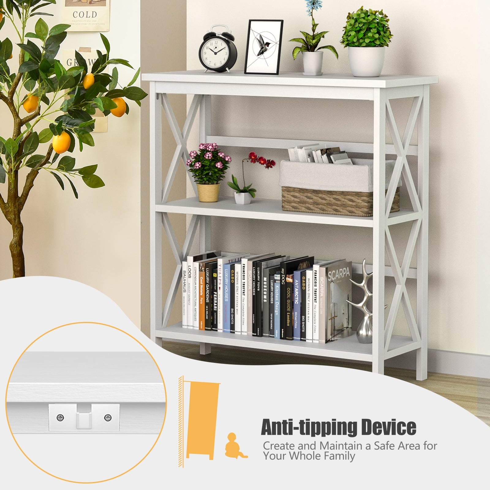 3-Tier Multi-Functional Storage Shelf Units Wooden Open Bookcase and Bookshelf-White