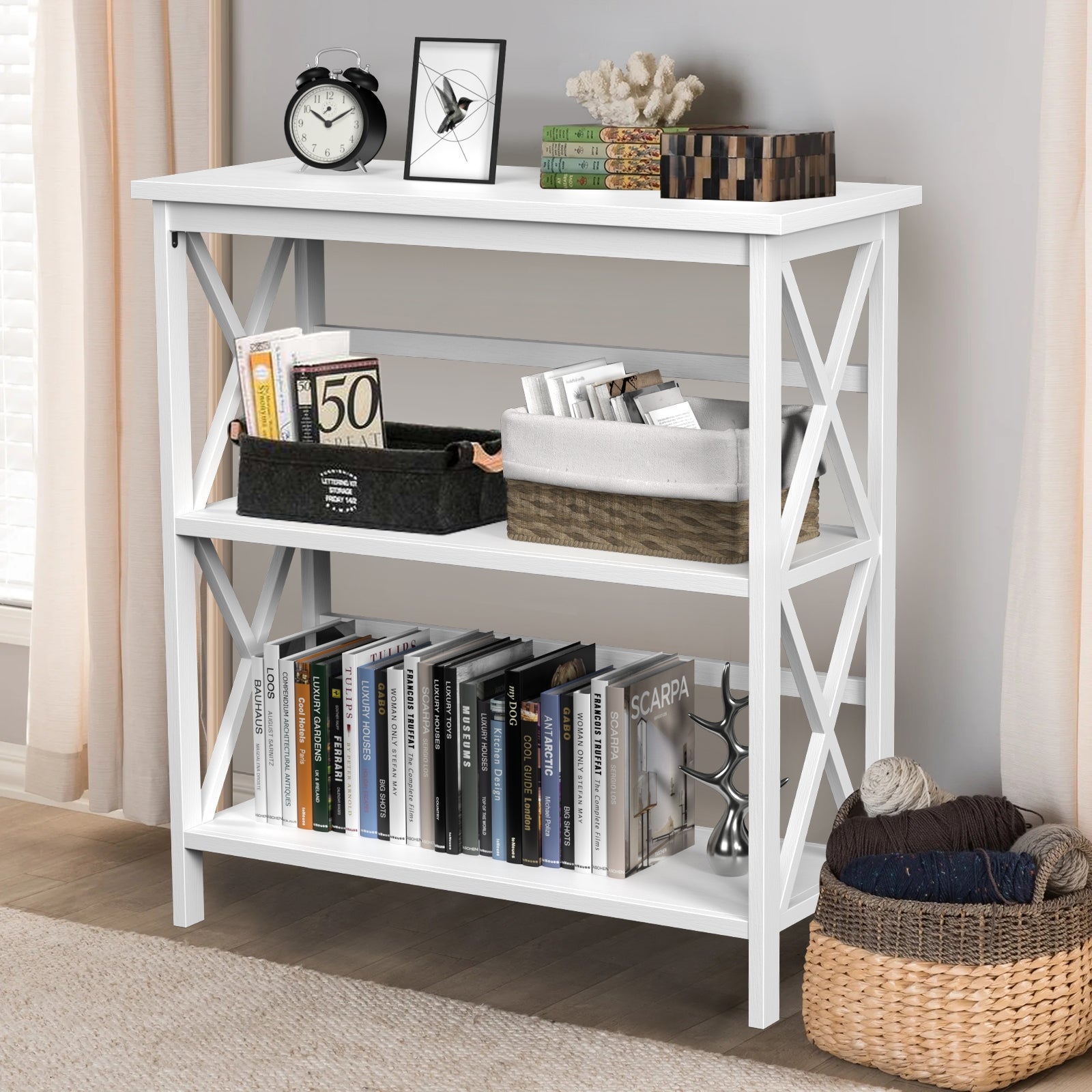 3-Tier Multi-Functional Storage Shelf Units Wooden Open Bookcase and Bookshelf-White