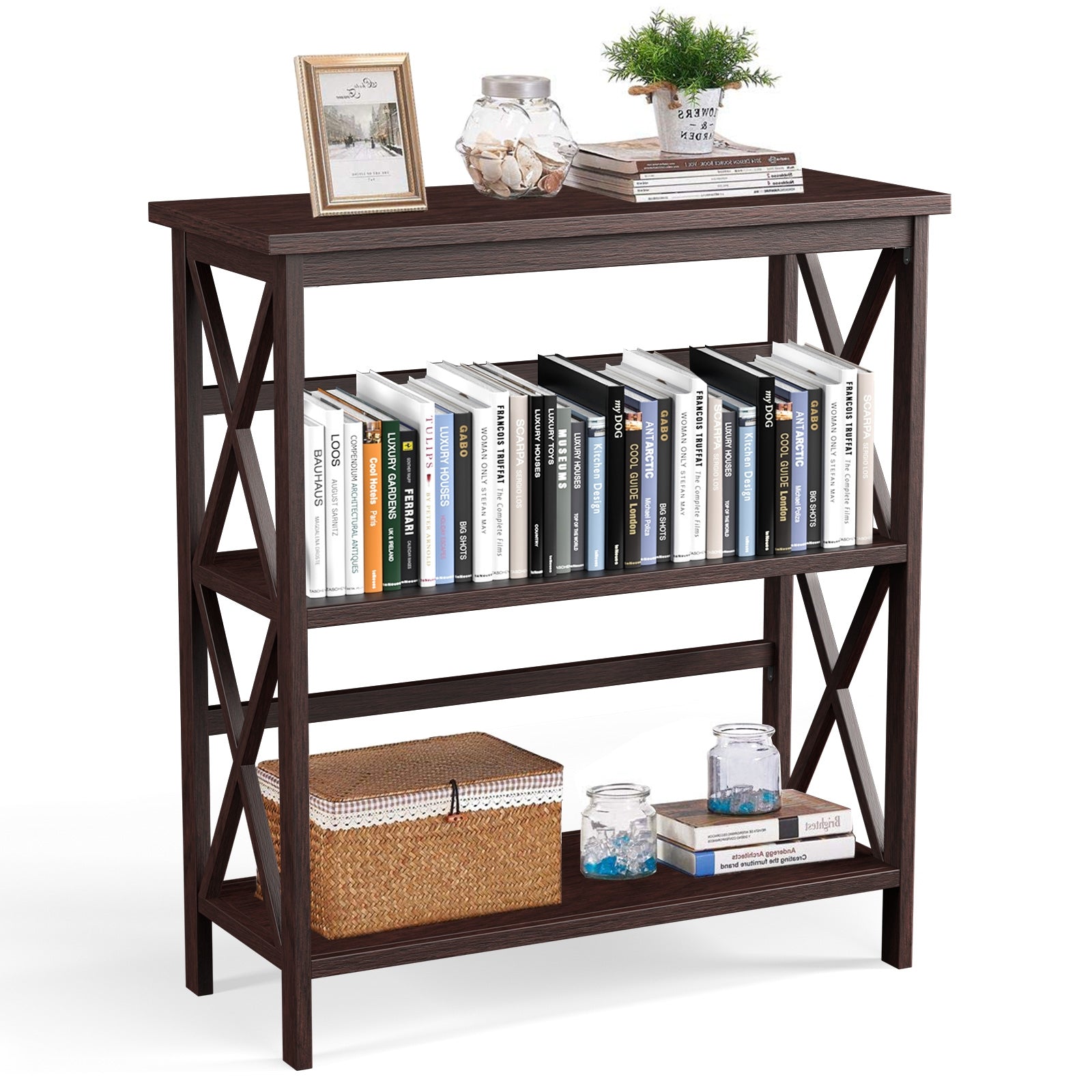 3-Tier Multi-Functional Storage Shelf Units Wooden Open Bookcase and Bookshelf-Dark Brown