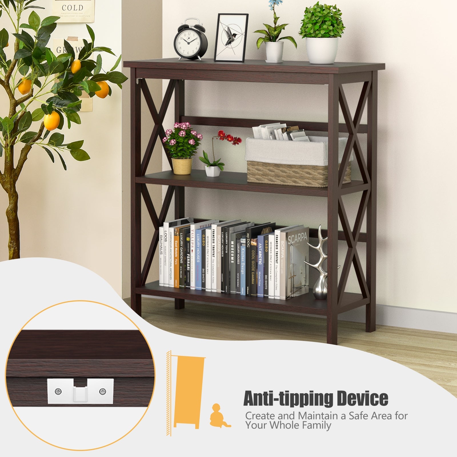 3-Tier Multi-Functional Storage Shelf Units Wooden Open Bookcase and Bookshelf-Dark Brown