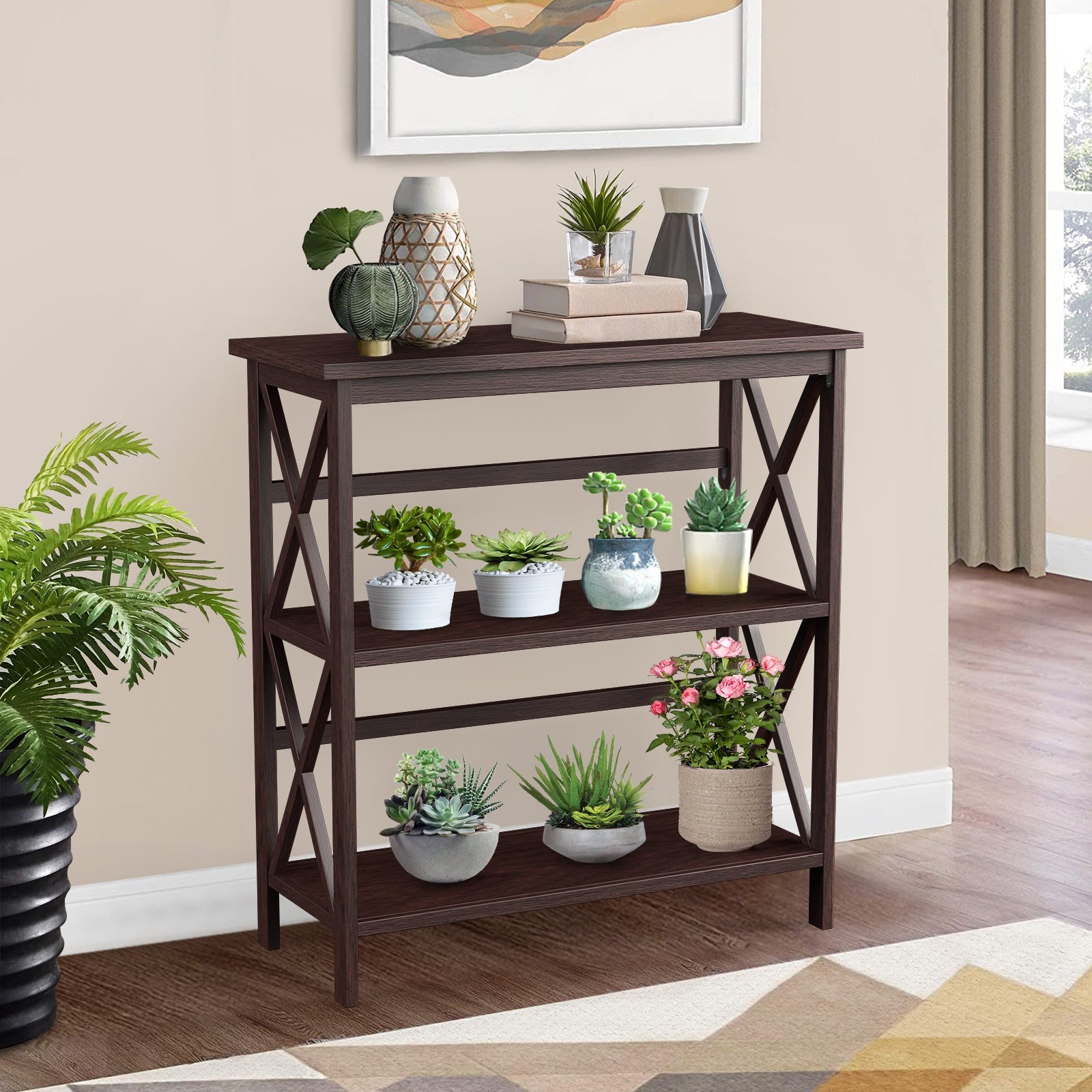 3-Tier Multi-Functional Storage Shelf Units Wooden Open Bookcase and Bookshelf-Dark Brown