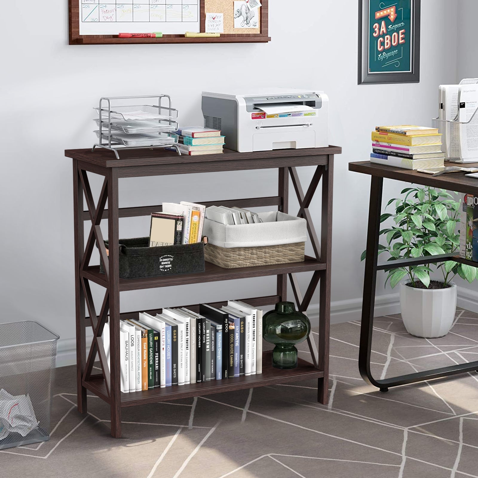 3-Tier Multi-Functional Storage Shelf Units Wooden Open Bookcase and Bookshelf-Dark Brown