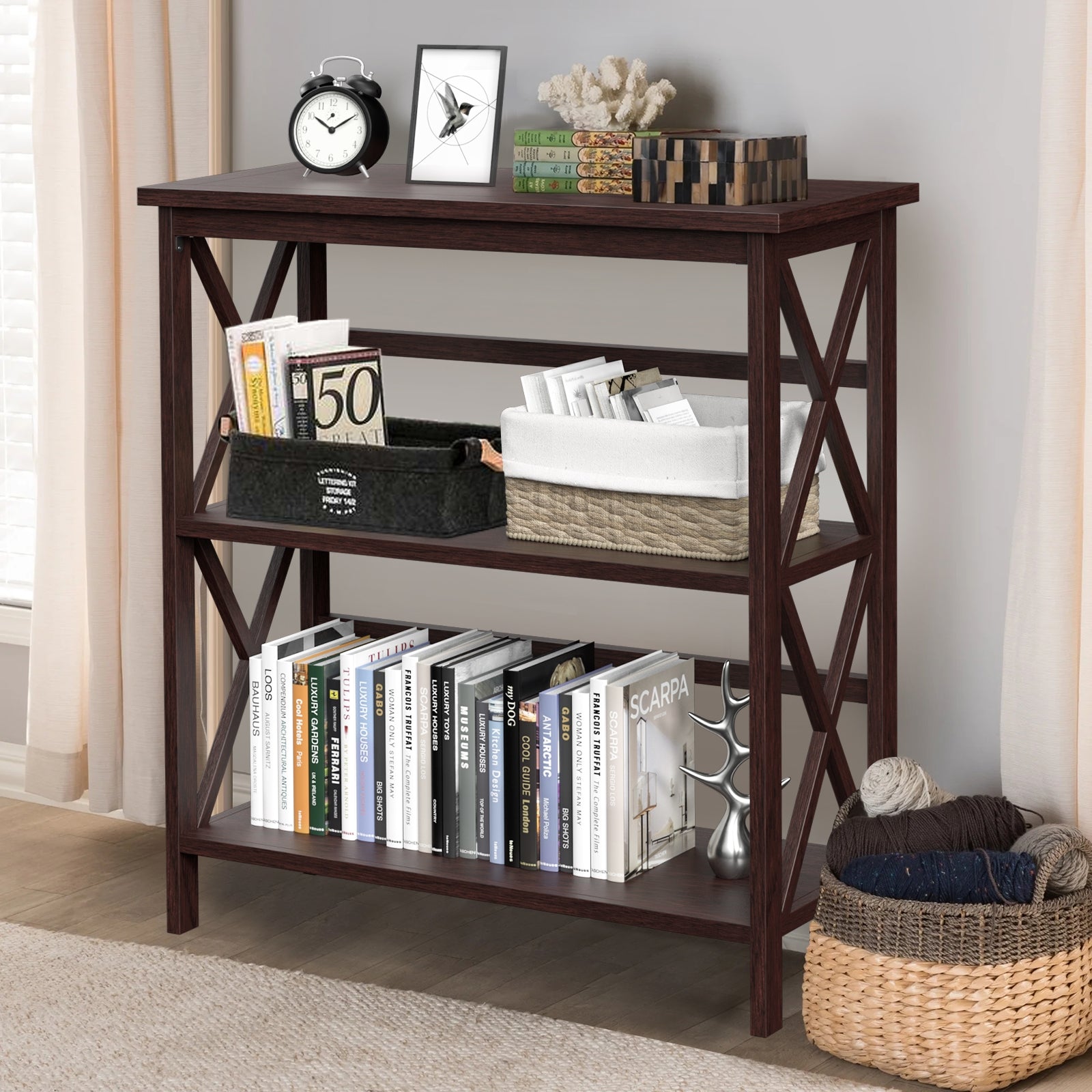 3-Tier Multi-Functional Storage Shelf Units Wooden Open Bookcase and Bookshelf-Dark Brown