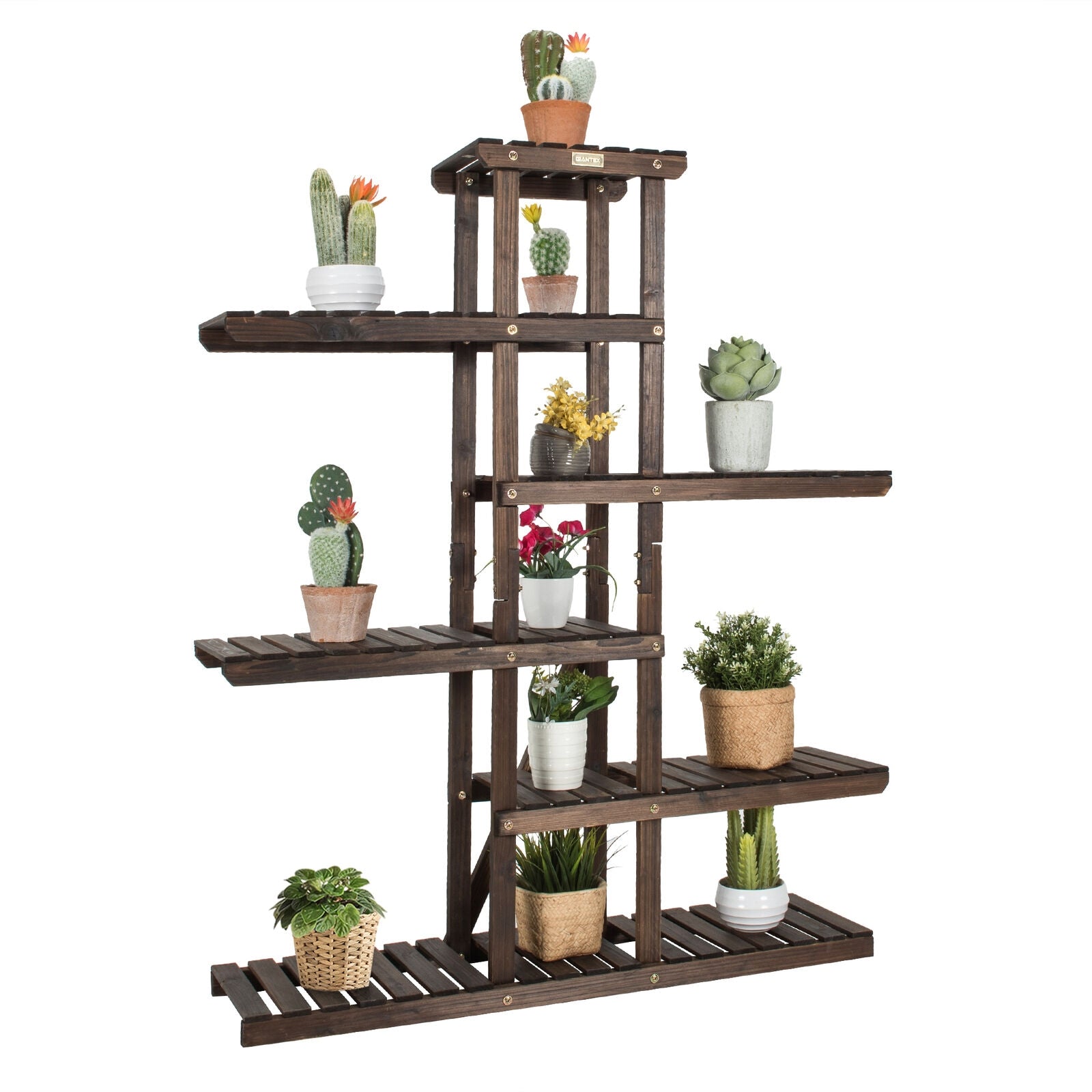 6 Tier Wood Plant Stand with Vertical Shelf Flower Display Rack Holder-Brown