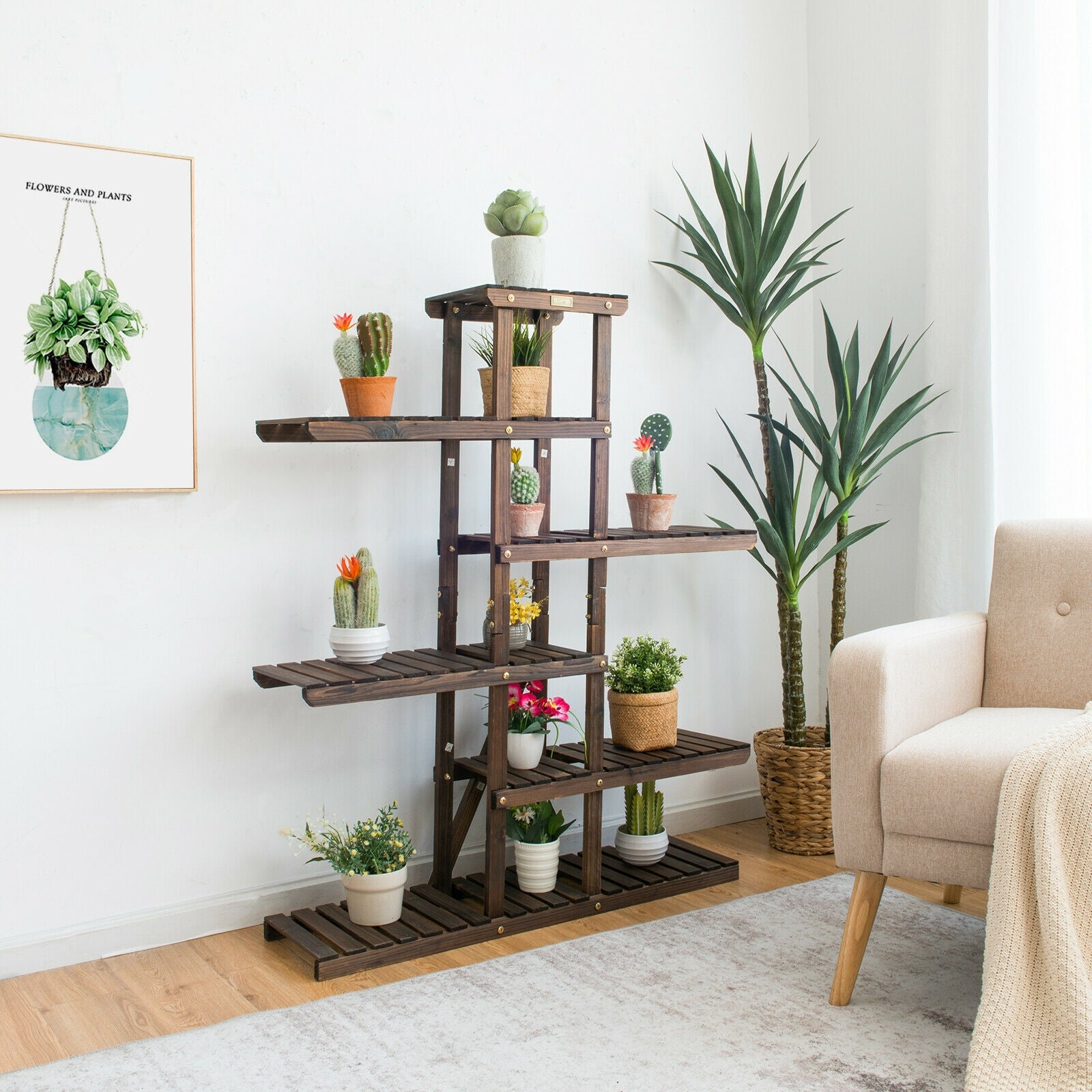 6 Tier Wood Plant Stand with Vertical Shelf Flower Display Rack Holder-Brown