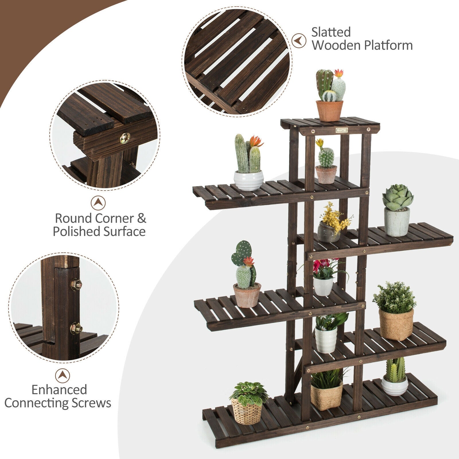 6 Tier Wood Plant Stand with Vertical Shelf Flower Display Rack Holder-Brown