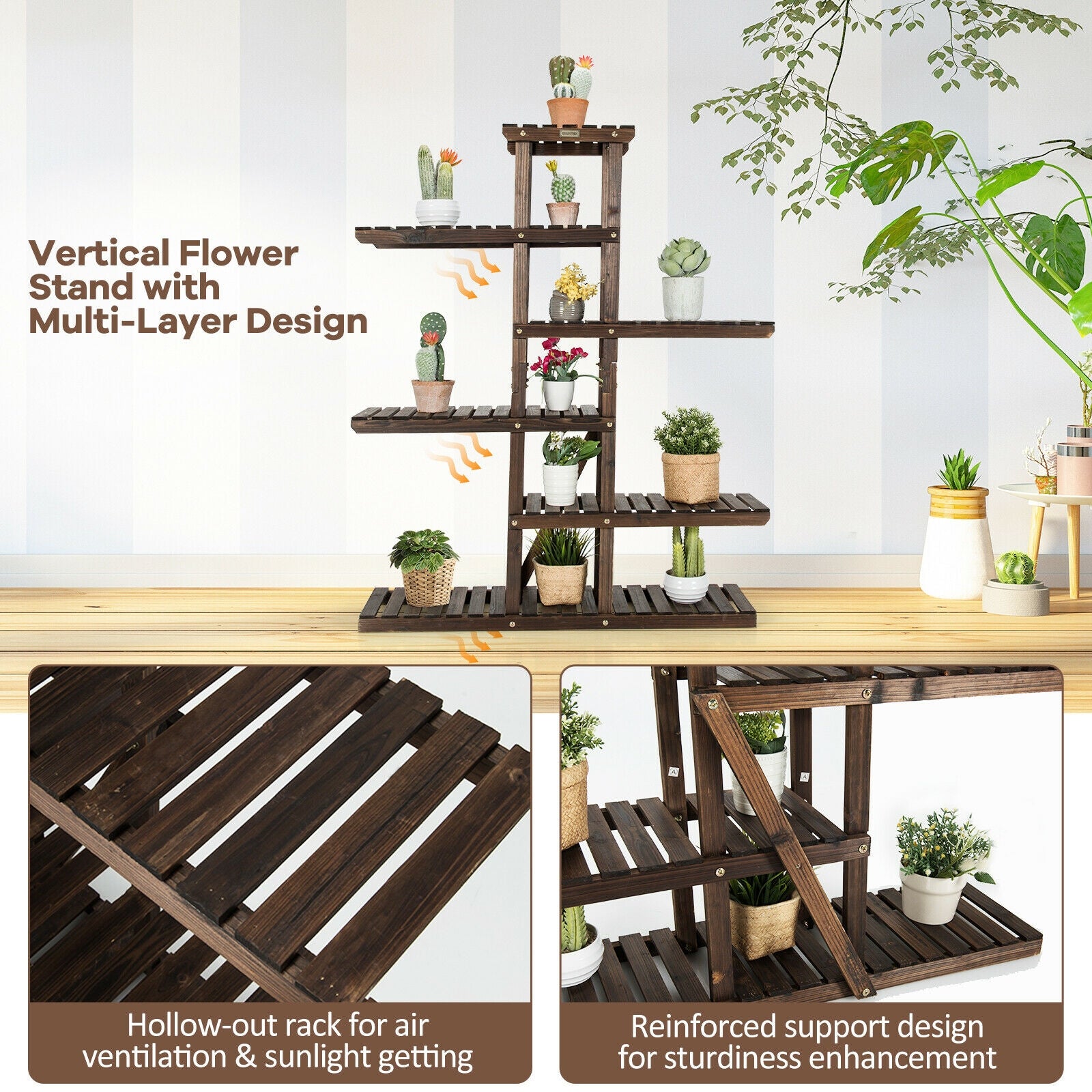 6 Tier Wood Plant Stand with Vertical Shelf Flower Display Rack Holder-Brown