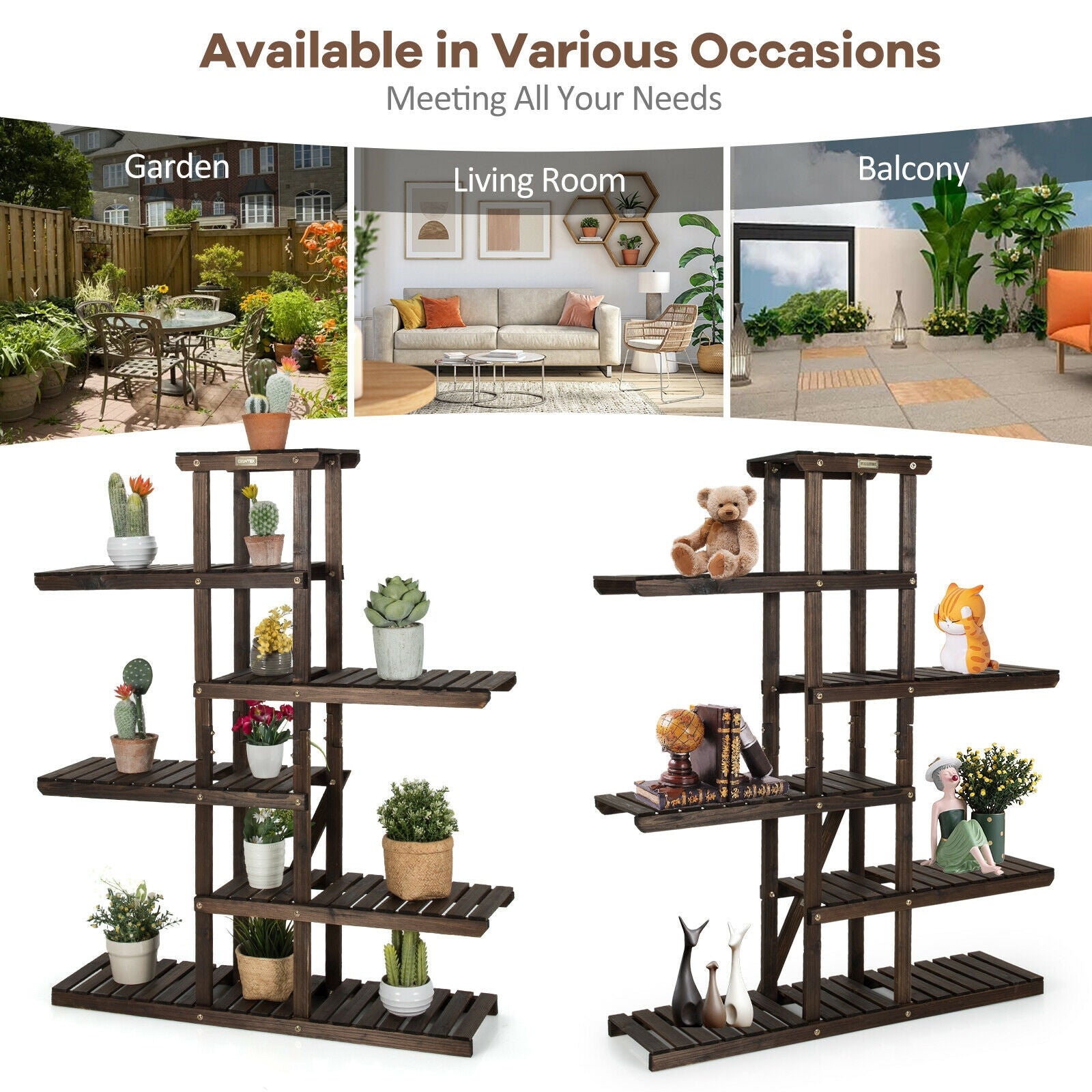 6 Tier Wood Plant Stand with Vertical Shelf Flower Display Rack Holder-Brown