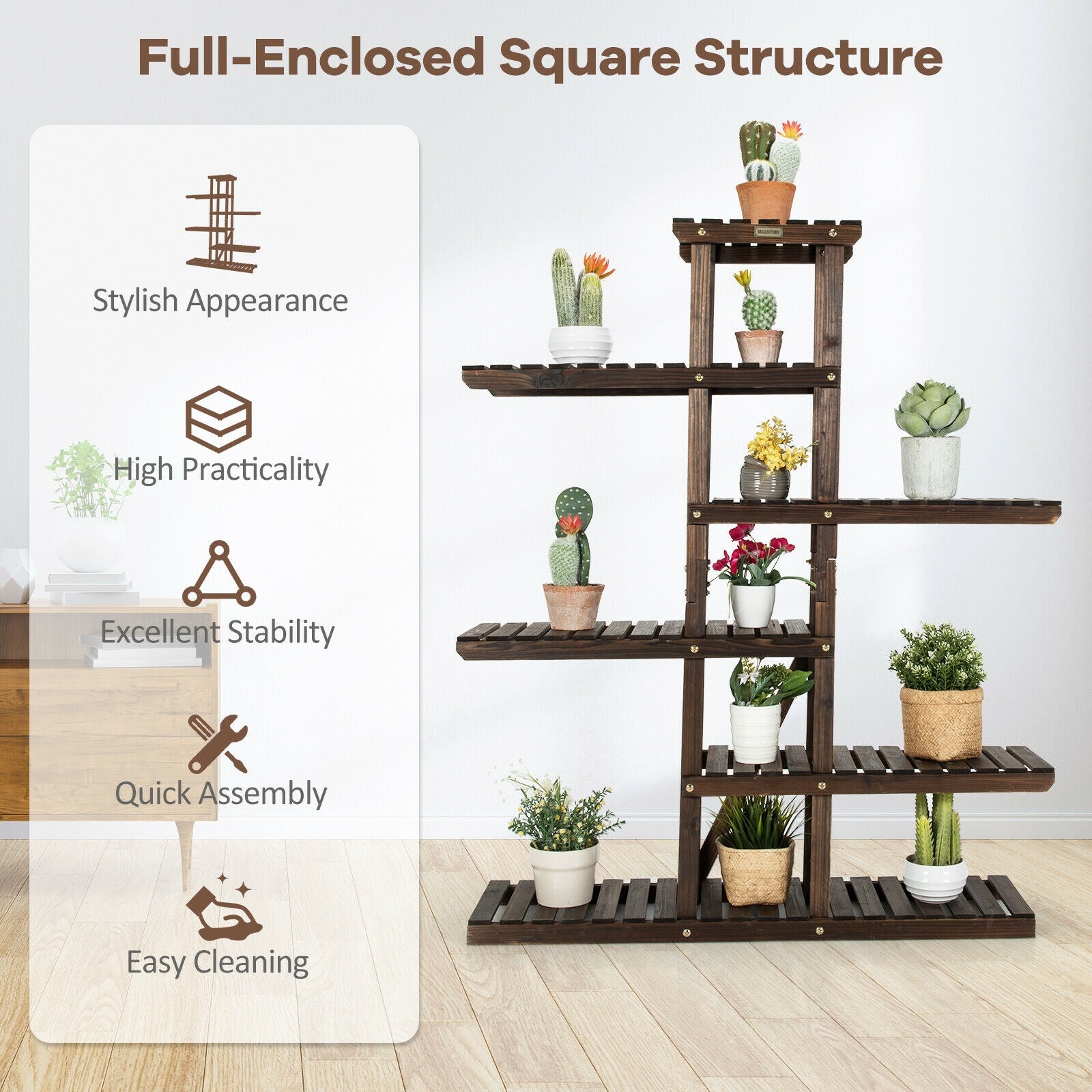 6 Tier Wood Plant Stand with Vertical Shelf Flower Display Rack Holder-Brown