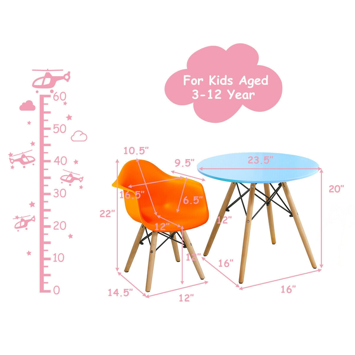 5 Piece Kids Mid-Century Colorful Table Chair Set