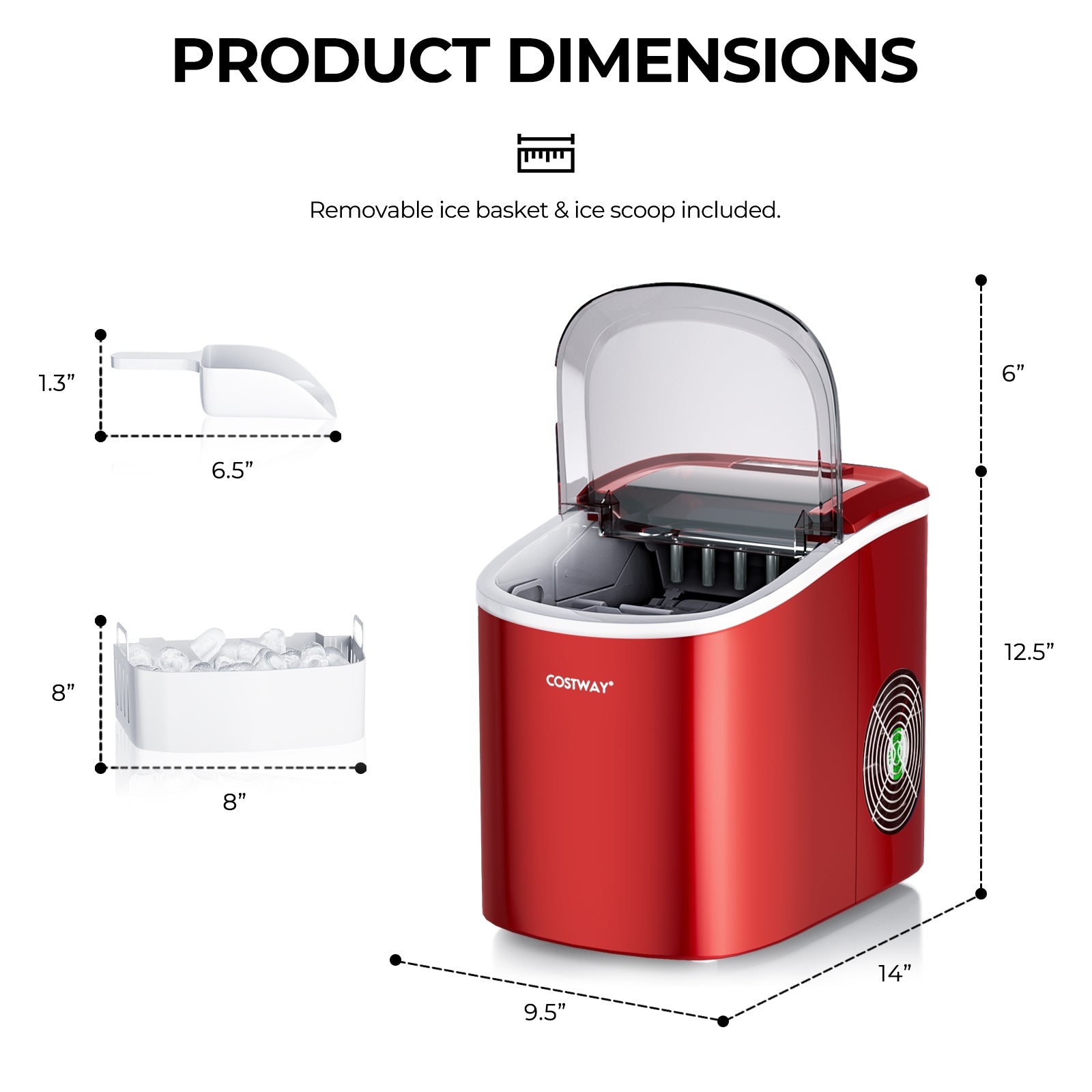 2.2 L Portable Ice Cube Maker with Bullet Shaped Ice Cube-Red